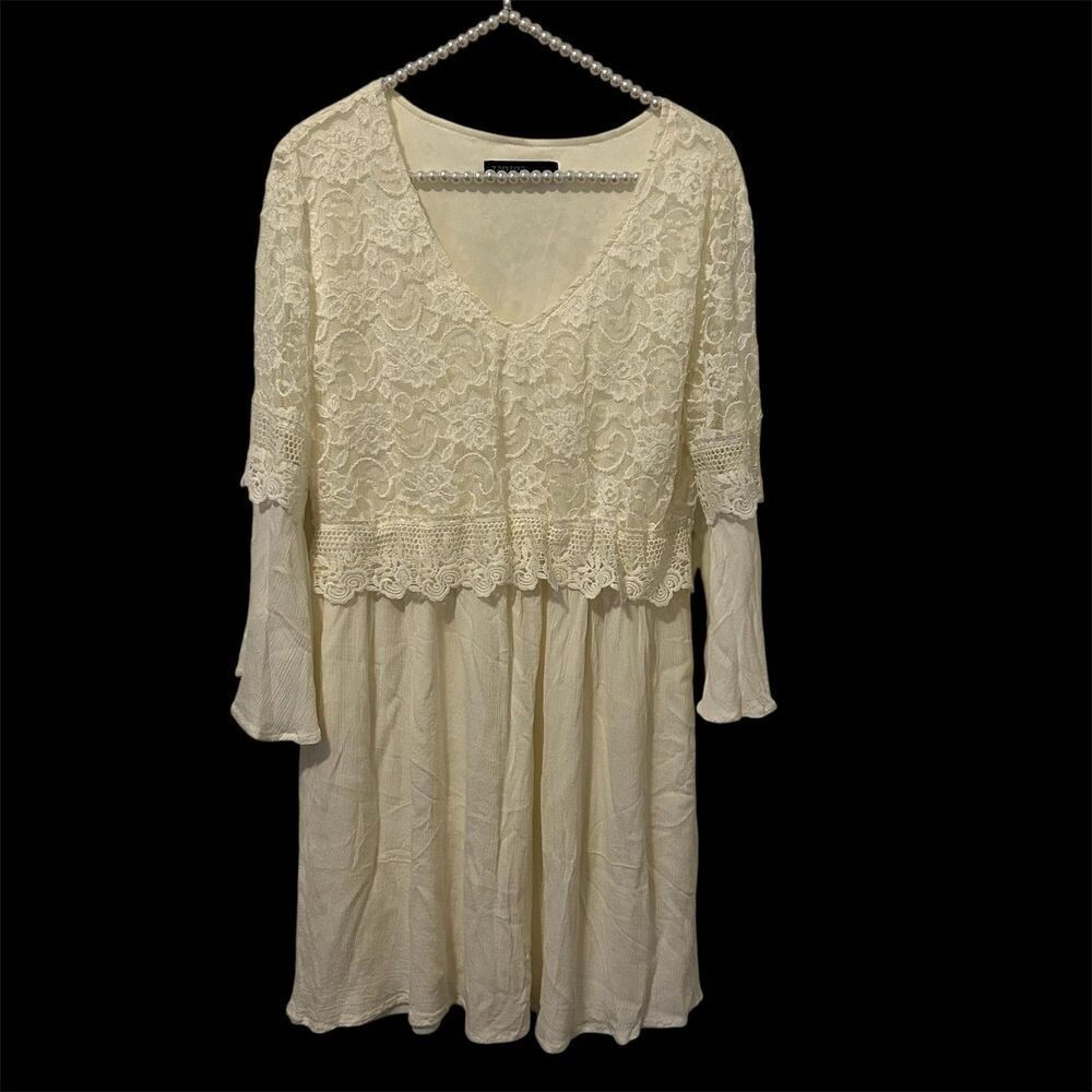 Zanzea Dress Womens XL romantic Ivory Lace Boho 3/4 Sleeve Flowy Layered Lined